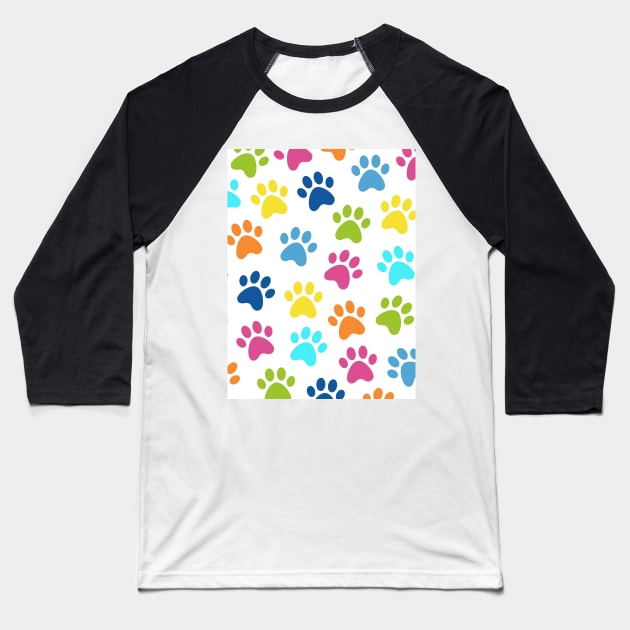 Paw Print Pattern Multicolored Baseball T-Shirt by NataliePaskell